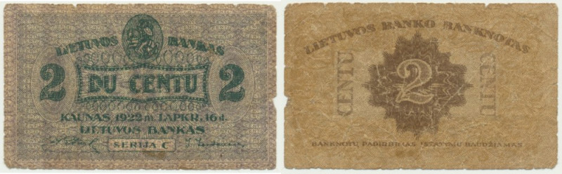 Lithuania, 2 Centu 1922 Used condition. Obiegowy stan zachowania.&nbsp; Referenc...