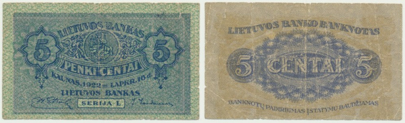 Lithuania, 5 Centai 1022 Worn note with visible paper softness.
 Egzemplarz ze ...