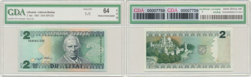 Lithuania, 2 Litai 1993 - DAA - GDA 64 EPQ Uncirculated banknote graded 64 EPQ b...