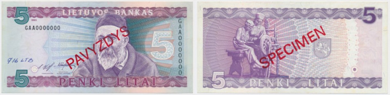 Lithuania, 5 Litu 1993 - GAA - SPECIMEN - No. 716 Imperfections around corners t...