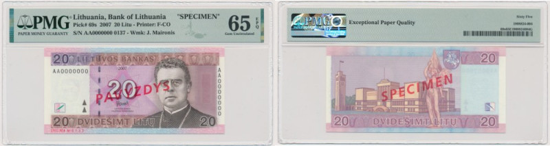 Lithuania, 20 Litu 2007 - SPECIMEN - No. 137 - PMG 65 EPQ Uncirculated banknote ...