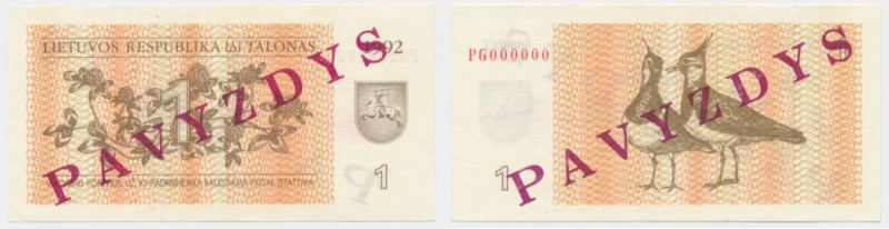 Lithuania, 1 Talonas 1992 - SPECIMEN - Visible fold at the margin.&nbsp; Bottom ...