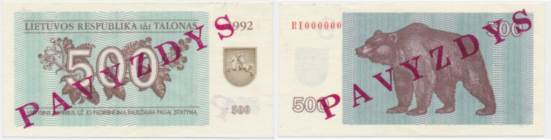 Lithuania, 500 Talonas 1992 - SPECIMEN - Upper left corner folded through the de...