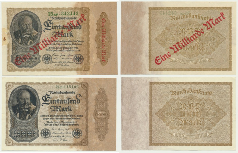 Germany, set 1.000-1 million Mark 1922 (2 pcs.) Imperfections around corners tha...