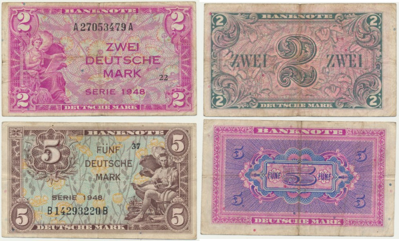 Germany, set 2-5 Mark 1948 (2 pcs.) Circulated notes with numerous folds and cre...