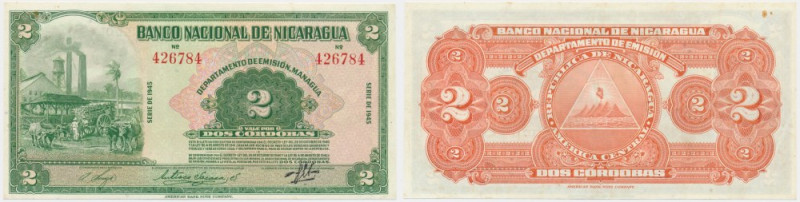 Nicaragua, 2 Cordobas 1945 One strong fold through the design. Lighty stained.
...