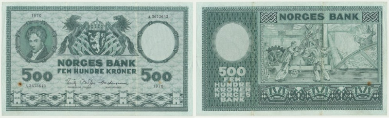 Norway, 500 Kroner (1970) - Brofoss & Ødegaard Lighty stained.
 Never washed or...