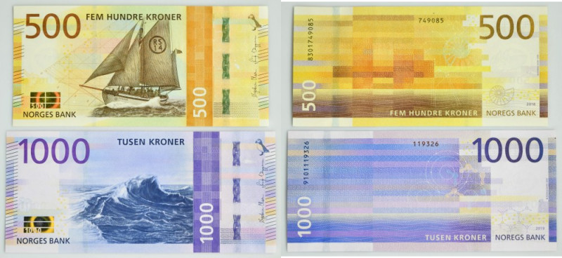 Norway, set 500-1.000 Kroner 2018-19 (2 pcs.) Cirsp notes with beautifull origin...