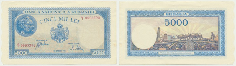 Romania, 5.000 Lei 1943 Upper right corner folded through the design. Minor dent...