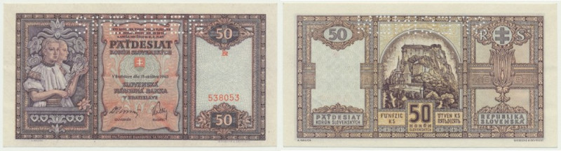 Slovakia, 50 Korun 1940 - SPECIMEN - Previously mounted.
 Pozostałość po przykl...