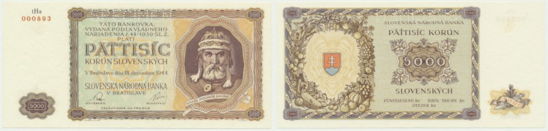 Slovakia, 5.000 Korun 1944 - SPECIMEN - 1HA 000893 - Low serial number. Imperfec...