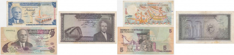 Tunisia, set 1/2-5 Dinar 1960-73 (3 pcs.) Group of 3 tunisian banknotes, circula...