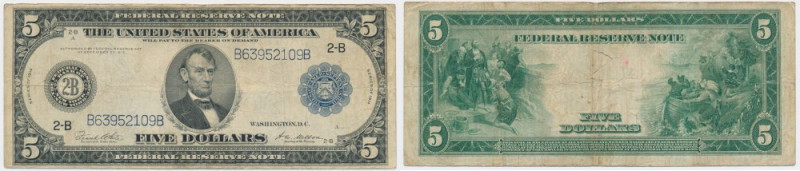 USA, Blue Seal, New York, 5 Dollars 1914 - 2B - White & Mellon - Tear at center....