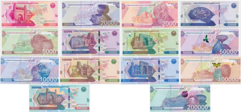 Uzbekistan, lot 2.000-200.000 Soʻm 2021-22 -SPECIMEN - (7 pcs.) Uncirculated.
 ...