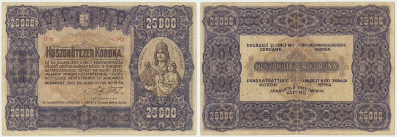 Hungary, 25.000 Korona 1922 Scarce note. Naturalny. Reference: Pick# 69
Grade: ...