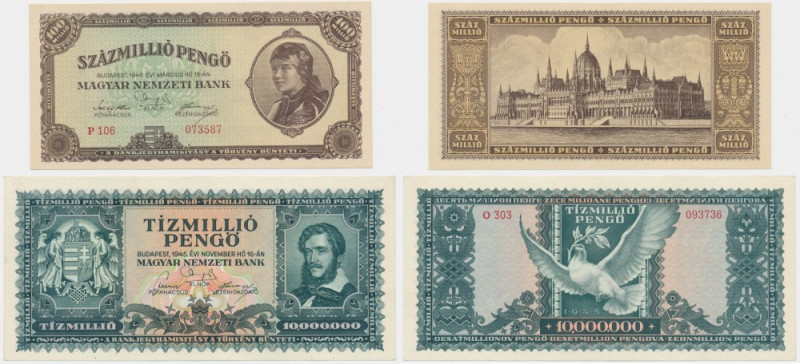 Hungary, lot 10-100 million Pengo 1945-46 (2 pcs.) Imperfections around corners ...