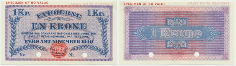 Faroe Islands, 1 Krone 1940 - SPECIMEN - VERY RARE Very rare specimen. Upper rig...