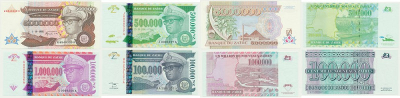 Zaire, set 100.000-5 million Zaïres 1992-96 (4 pcs.) Mostly uncirculated. Viewin...