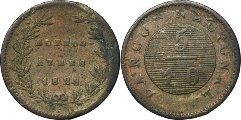 Argentina, State of Buenos Aires, 5/10 Real Buenos Aires 1828 Copper coin with f...