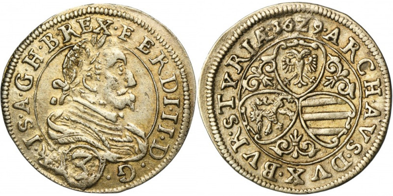 Austria, Ferdinand II, 3 Kreuzer Graz 1629 Variety with punctuation in the form ...