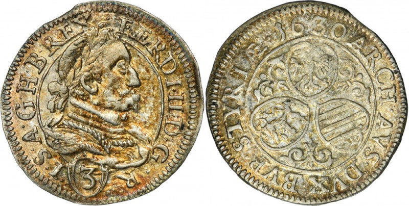 Austria, Ferdinand II, 3 Kreuzer Graz 1630 Variety with obverse legend G R-I S. ...