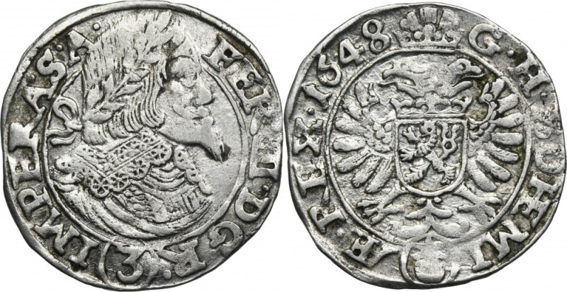 Austria, Ferdinand III, 3 Kreuzer Prague 1648 Variety with mint mark of mint mas...