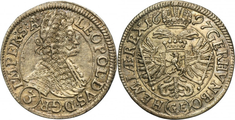 Austria, Leopold I, 3 Kreuzer Prague 1697 GE Variety with initials GE of Gregor ...