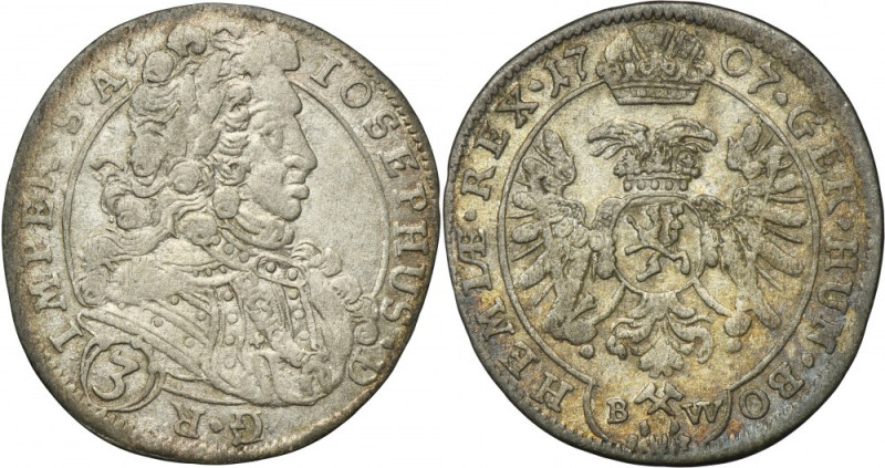 Austria, Joseph I, 3 Kreuzer Kuttenberg 1707 BW Variety with the initials BW on ...