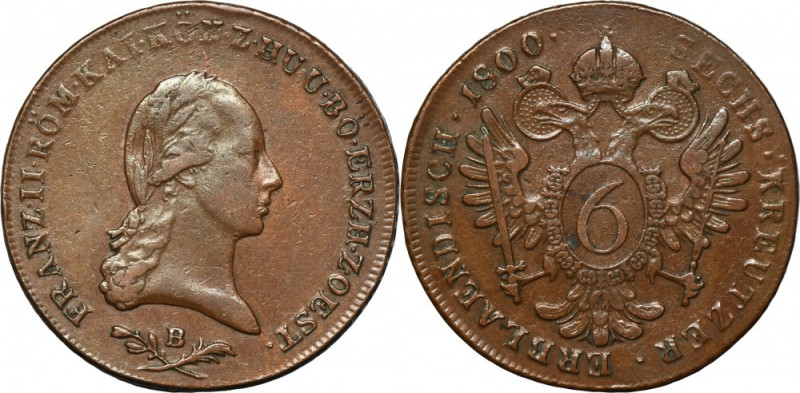Austria, Franz II, 6 Krauzer Kremnitz 1800 B Variety with letter B, mint mark of...