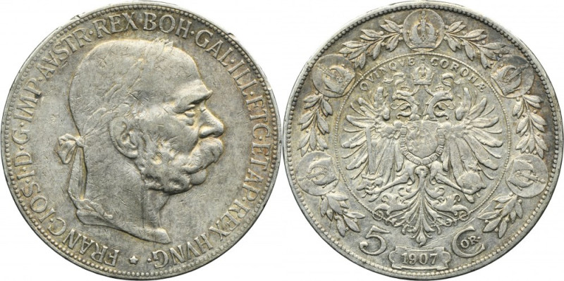 Austria, Franz Joseph I, 5 Korona Wien 1907 Silver '900'. Srebro próby '900'. Re...