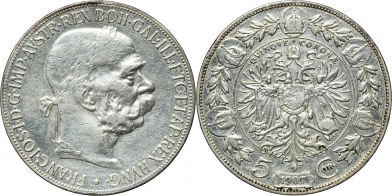 Austria, Franz Joseph I, 5 Korona Wien 1907 Cleaned. Silver '900'. Moneta czyszc...