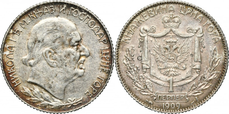 Montenegro, Nicholas I, 1 Perper Paris 1909 Silver '835'. Srebro próby '835'. Re...