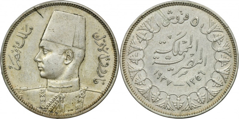 Egypt, Farouk, 5 Qirsh 1937 Silver '833'. Srebro próby '833'. Reference: KM 366...