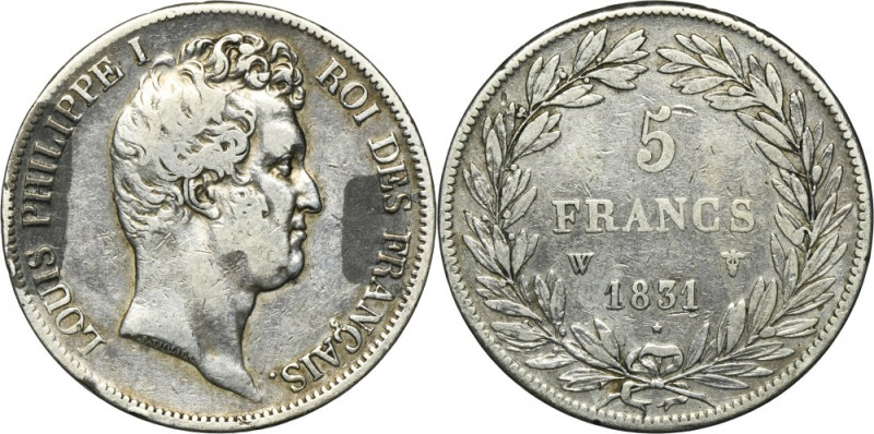 France, Louis Philippe I, 5 Francs Lille 1831 W Silver '900'. Unnatural look due...