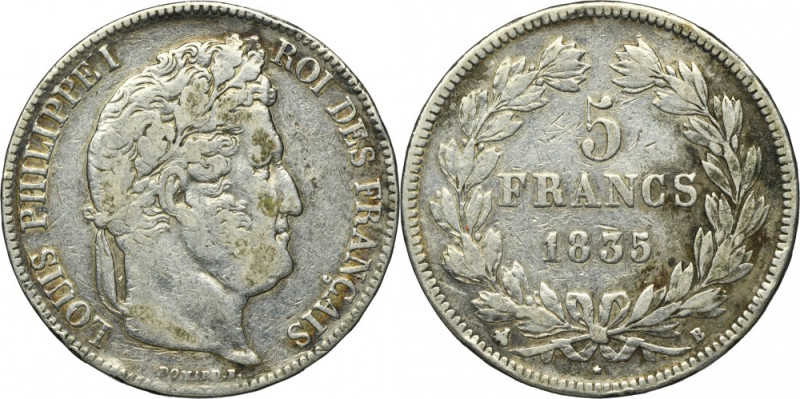 France, Louis Philippe I, 5 Francs Rouen 1835 B Variety with letter B, mint mark...