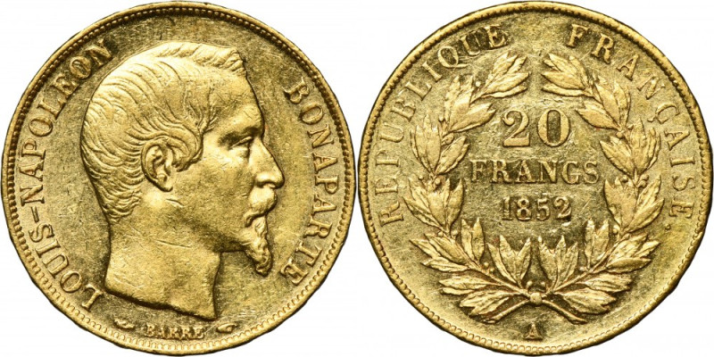 France, Napoleon III, 20 Francs Paris 1852 A .900 gold. Attractive coin that exh...