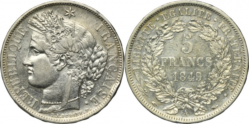 France, II Republic, 5 Francs Paris 1849 A Silver '900'. Srebro próby '900'. Ref...