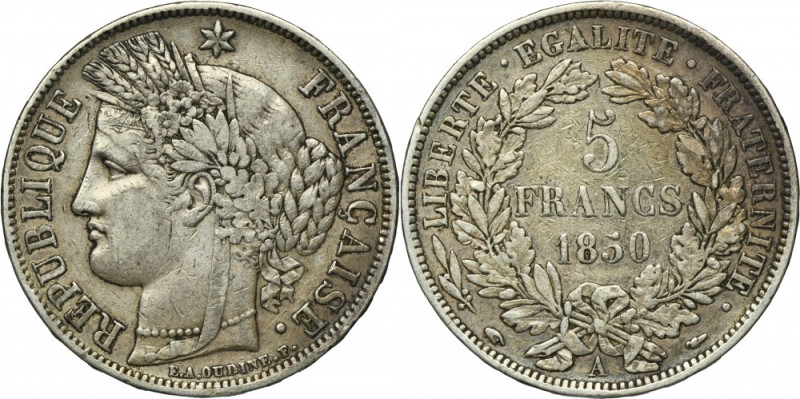 France, II Republic, 5 Francs Paris 1850 A Silver '900'. Srebro próby '900'. Ref...