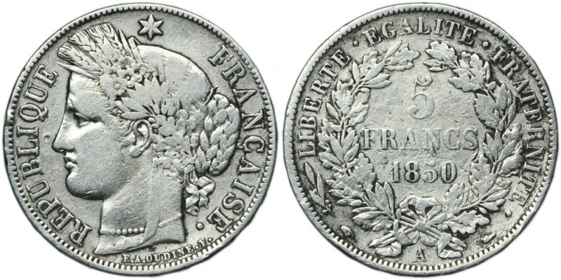 France, Second Republic, 5 Francs Paris 1850 A Silver '900'. Diameter 37 mm, wei...