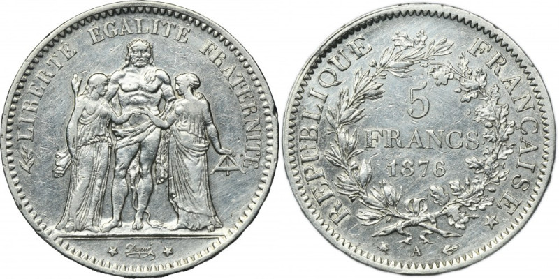 France, Third Republic, 5 Francs Paris 1876 A Surface hairliness. Silver '900'. ...