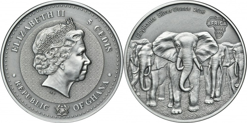 Ghana, Elizabeth II, 5 Cedis 2013 - Elephants Coin with a certificate of authent...