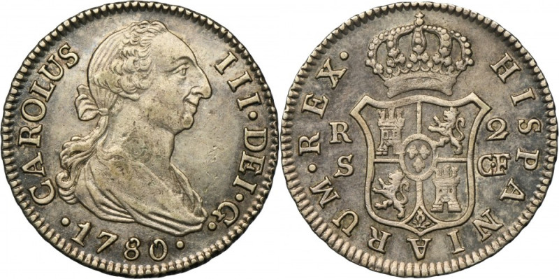 Spain, Carlos III, 2 Reales Sevilla 1780 Rare in mint state.
 Surface hairlines...