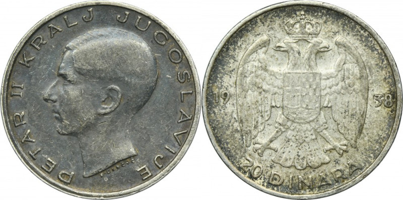 Yugoslavia, Peter II, 20 Dinara Paris 1938 Silver '750'. Srebro próby '750'. Ref...