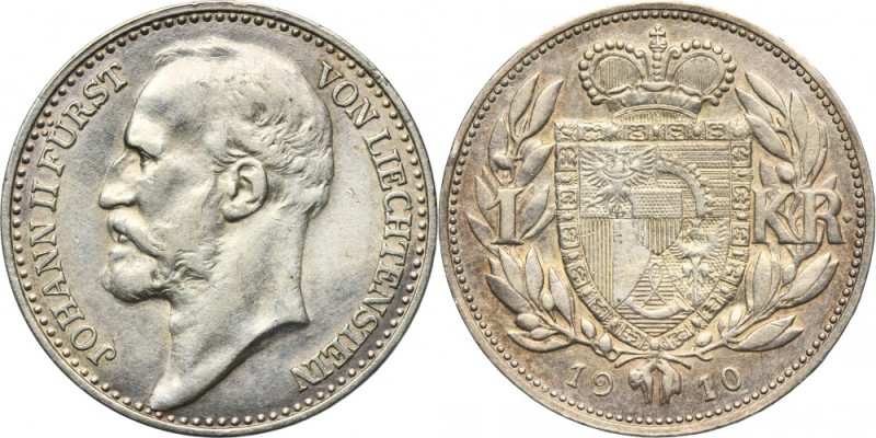 Liechtenstein, Johann II, 1 Krona Wien 1910 Silver '835'. Srebro próby '835'. Re...