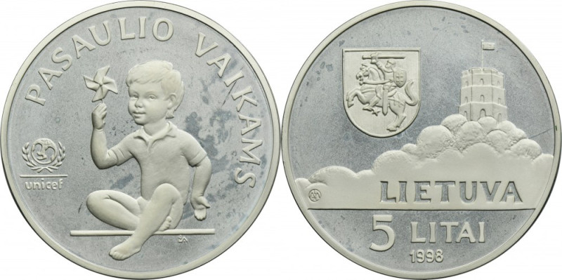 Lithuania, Second Republic, 5 Litai Vilnius 1998 - Children of the World Proof. ...