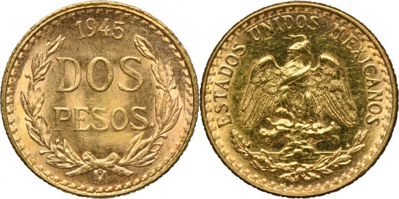 Mexico, Republic, 2 1/2 Pesos Mexico 1945 .900 gold. Diameter 13 mm, weight 1.67...