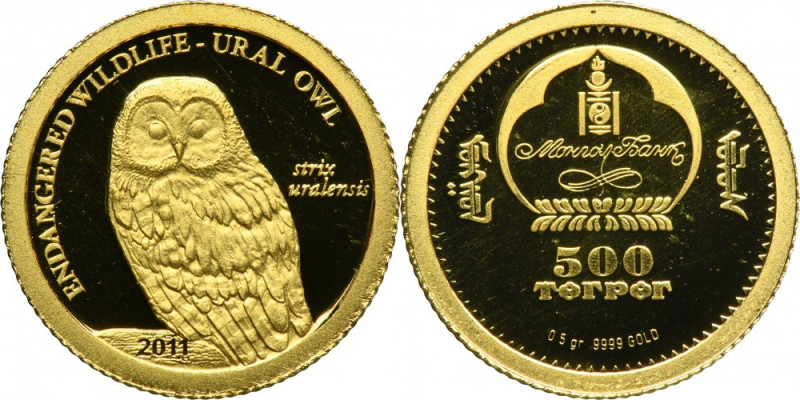 Mongolia, 500 Tögrög 2011 - Owl Proof. Mintage 15.000 pieces. .999 gold. 
 Diam...