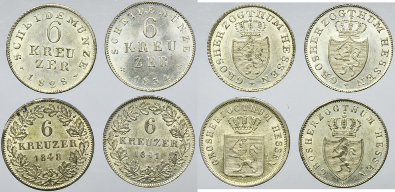 Set, Grand Duchy of Hessen-Darmstadt, 6 Kreuzer 1828-1848 (4 pcs.) Lot of four c...