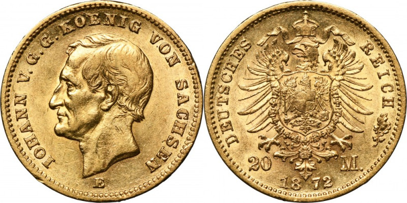 Germany, Saxony, Johann V, 20 Mark Muldenhütten 1872 E .900 gold. Carthweel effe...