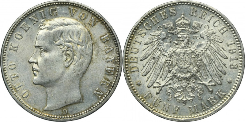 Germany, Bavaria, Otto, 5 Mark Munich 1913 D Mint state coin that exhibits carth...